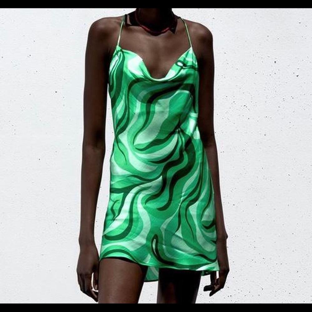 Zara green swirl slip mini dress